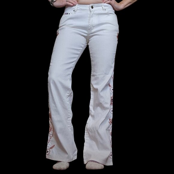 Y2K White Flare Jeans Pants Pink Embroidered Flowers Sz 6 Thin Stretch Retro - Picture 4 of 10